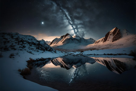 Beautiful scenery mountain landscape and mountain range, bright universe and starry night sky background over the large lake. Natural tranquility with alpine concept. Superb Generative AI.の素材