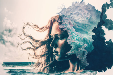 Double exposure image woman portrait with peaceful ocean sea wave, natural background for state of calm mind and psychological concept. Meditative and healthy mental abstract art. Superb Generative AIの素材
