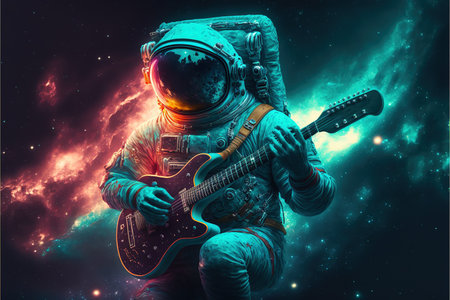Contemporary abstract art of astronaut or spaceman floating in the vastness of space while playing guitar in dark blue universe with brighten stars and nebular background. Superb Generative AI.の素材