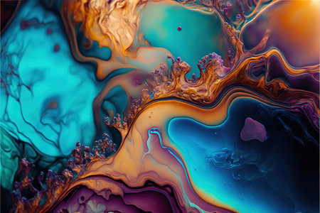 Vivid swirled alcohol ink or wavy fluid liquid with metallic texture churning together in beautiful creative painting, artistic wavy pattern in contemporary abstract design art. Superb Generative AIの素材