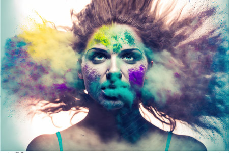 Woman with powerful vivid powder explosion on her head as symbol for inner stress and negative though for intense emotion mental health in modern abstract art design. Superb Generative AI.の素材