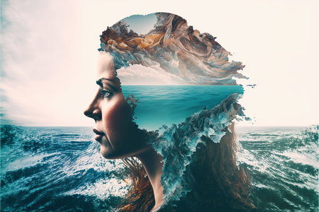 Double exposure woman portrait with natural freshness of seascape and ocean background for sense of peaceful tranquility concept. Meditative and mental ability abstract art. Superb Generative AIの素材