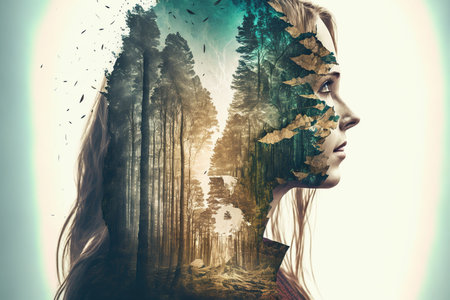 Double exposure image of woman portrait with natural freshness of forest background for sense of peaceful tranquility concept. Meditative and mental ability abstract art. Superb Generative AIの素材