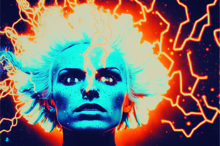 Contemporary abstract portrait of psychedelic cyberpunk girl with shocked hair, glowing hairstyle from electricity with fluorescent color design in double exposure. Superb Generative AI.の素材