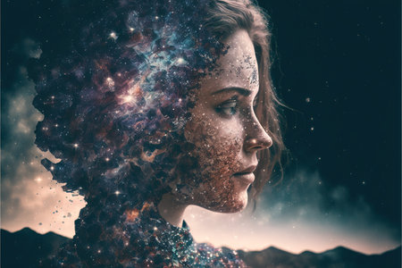 Universe and galaxy inside woman brain portrait double exposure, bright stars of milky way as metaphor concept for sense of human mind. Meditative and mental ability abstract art. Superb Generative AIの素材