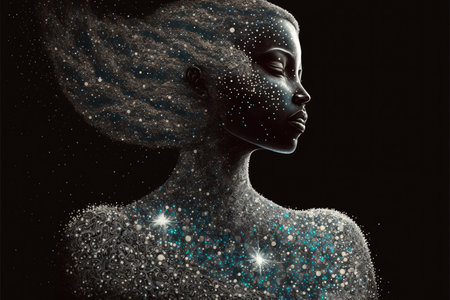 Contemporary abstract art woman melting portrait with skin of glistening space and universe in mycelia pattern, body cover with bright star of the starry night. Superb Generative AIの素材