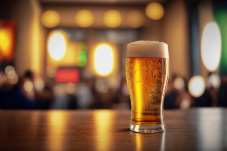 A glass of light beer on a table bar in pub . Admirable Generative AI image .の素材