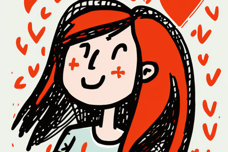Flat design hand drawn cartoon of happy woman satisfied with love and life . Admirable Generative AI image .の素材