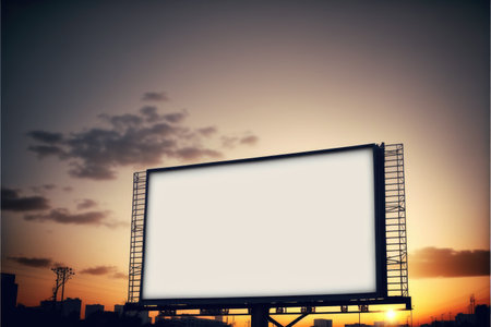 Blank advertising billboard in a large-scale square outdoor with blur light background on sunset. Concept of the media with empty screen in sunlight. Finest generative AI.の素材