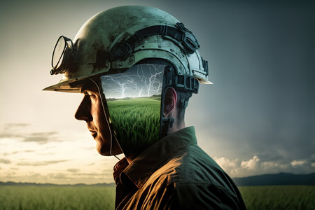Wondrous double exposure of agronomist wearing hardhat with natural forest landscape and greenery tree as concept of sustainability energy and environmental engineering technology by Generative AI.の素材