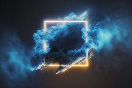 Abstract futuristic neon frame with geometric shape and stormy cloud on night sky. Concept of exploding mist with golden and blue color through frame picture. Finest generative AI.の素材