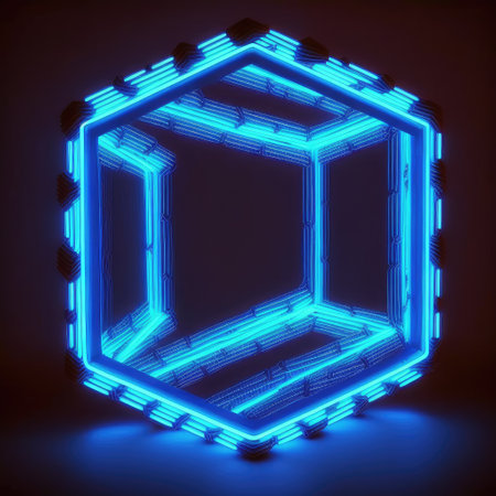 Innovation of hexagon border frame with blue neon light effects overlapped geometry in concept. Finest generative AI.の素材