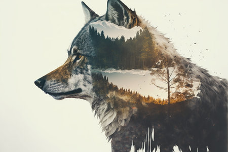 Lone wolf portrait on wondrous double exposure natural background of autumnal forest landscape with orange dry grey lighting. Serenity of the nature displayed by predator wildlife by Generative AI.の素材