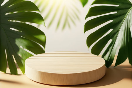 Wooden display cosmetics or treatment product advertising with overlay by shadow leaves tree. Theme of organic greenery forest background. Finest generative AI.の素材