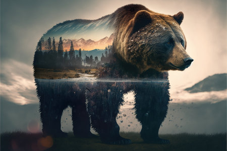 Wondrous brown grizzly bear in outdoor double exposure with natural taiga forest mountain background design as concept of adventure and exploring nature with peaceful environment. Generative AIの素材