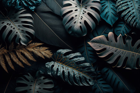 Luxury tropical leaves plant and foliage exotic background abstract of dark botany . Admirable Generative AI image .の素材