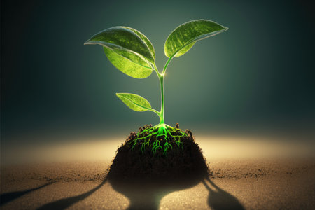 Growing green young plant sprout in stage of nature under sunlight in the morning. Concept of natural tree new life on sustainability and eco-friendliness to wellness design. Finest generative AI.の素材