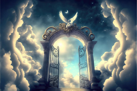 Heaven fantasy gate with birds wing in the colorful skyline. Concept of luxurious fantasy bright light walking through successful way in freedom life. Finest generative AI.の素材
