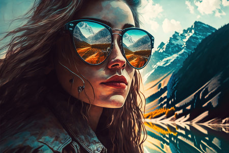 Adventure and natural travel in the wondrous mountain landscape and beautiful sky concept portrayed by young woman wearing sunglasses with reflection of the nature environment by Generative AI.の素材