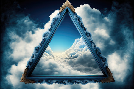 Frame made with covered white cloud in the sky in triangle shape. Concept of luxurious fantasy window. Finest generative AI.の素材