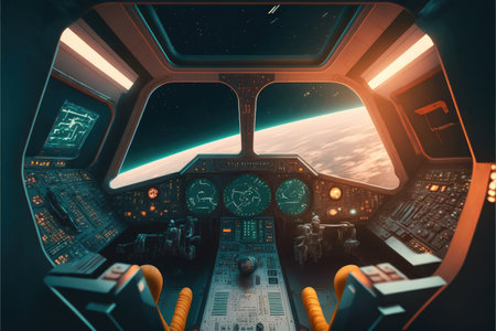 Outer view of cockpit spaceship window with control system room. Abstract discover new planet in space. Finest generative AI.の素材