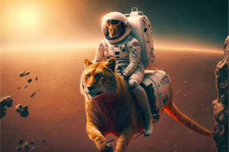 Astronaut riding big cat on Mars landscape. Concept of orange light on outer. Finest generative AI.の素材