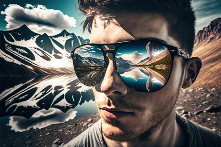 Sunglasses mirrored reflection of the wondrous mountain path and sunny sky portrayed by hiker man in natural adventurous and nature exploring concept by Generative AI.の素材