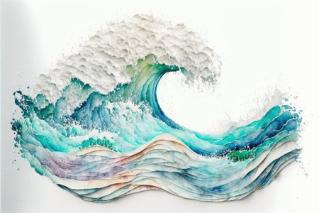 Abstract art in pastel watercolor waves ocean isolated on white background. Concept of multicolored in blue storm in seascape. Finest generative AI.の素材