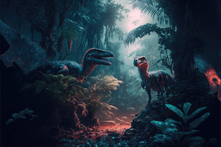 Fantasy in dinosaur or predator in the deep jungle scenery. Concept of prehistoric landscape in the Jurassic period of living life. Finest generative AI.の素材