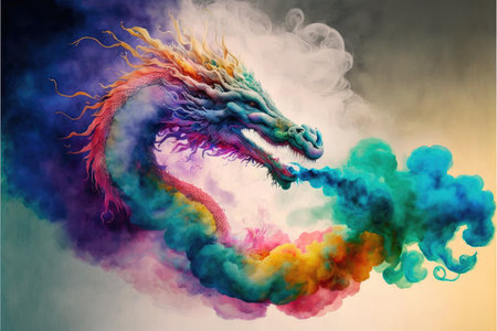 Energetic powerful of dragon multicolor pastel powder with isolated background. Concept of ancient chinese culture in fairly tale. Finest generative AI.の素材
