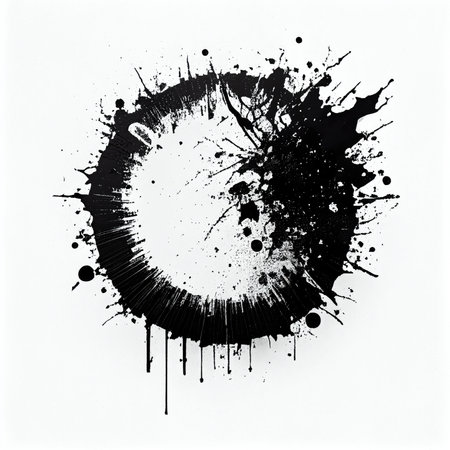 Abstract of black grunge circle fresh isolated on white background. Concept of painting technique. Finest generative AI.の素材