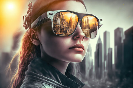 Wondrous portrait of modern stylish lifestyle woman wearing sunglasses mirror the reflection of sunset and cityscape and construction site in background by Generative AI.の素材