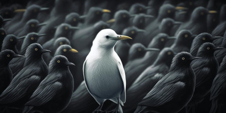 Difference concept showing by extraordinary bird standing out of the crowd. superlative generative AI image.の素材