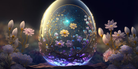 Fantastic shimmering transparent opal egg with inner magic flowers. superlative generative AI image.の素材