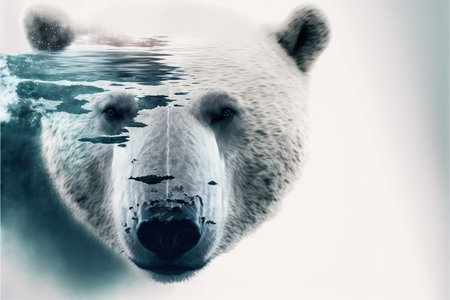image shown by polar bear suffer due to melting ice caused by the impact of climate change on double exposure of global warming turning arctic hotter in background. Superb Generative AI.の素材