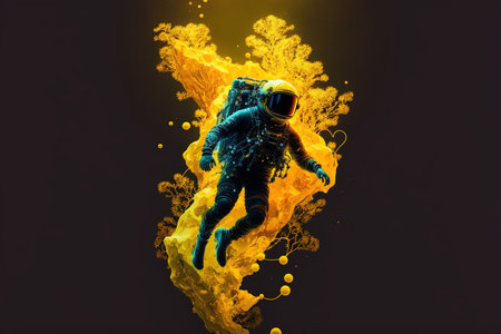 Contemporary abstract artwork of astronaut in space suit floating in the vastness of deep space and yellow fluid or smoke. Cosmic exploration or travel in state of mind concept. Superb Generative AI.の素材