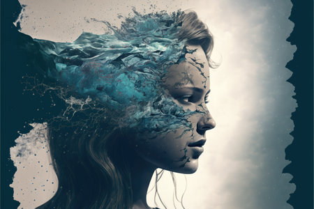 Double exposure woman portrait with natural freshness of seascape and ocean background for sense of peaceful tranquility concept. Meditative and mental ability abstract art. Superb Generative AIの素材