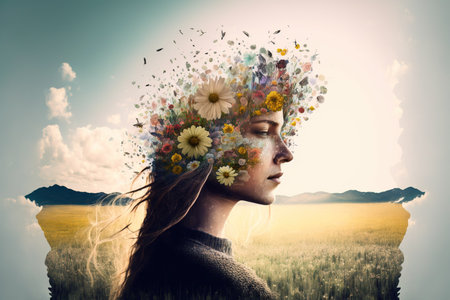 Double exposure woman and flower in meadow during spring, beauty scenery for sense of positive growth mindset perfect for serene concept. Meditative and mental abstract art. Superb Generative AIの素材