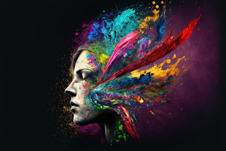 Contemporary modern abstract art woman with powerful vivid color explosion on her head as symbol for inner stress and negative though for intense emotion mental health. Superb Generative AI.の素材