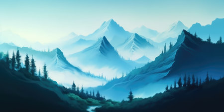 Blue misty mountain beautiful nature background. distinct generative AI image.の素材