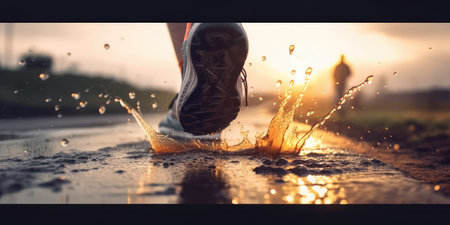 Close up view of runner sport shoes sprint running on track. distinct generative AI image.の素材