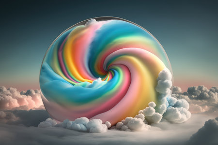 rainbow glitter cotton candy swirling into cloud in the sky. distinct generative AI image.の素材