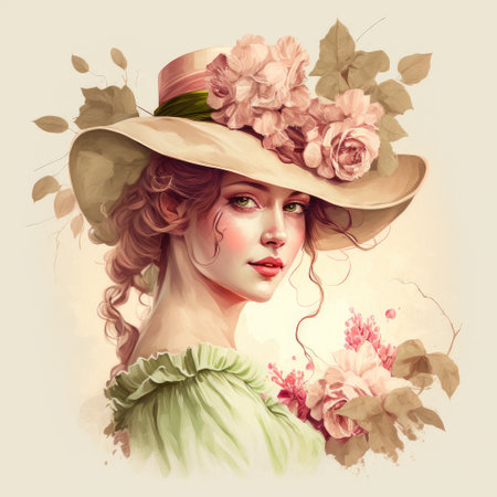 Image of pretty woman wearing hat decorated with flower and petal in victoria, vintage of dressing old fashion design. Finest generative AI.の素材