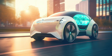Futuristic electric car driving on urban highway road. distinct generative AI image.の素材