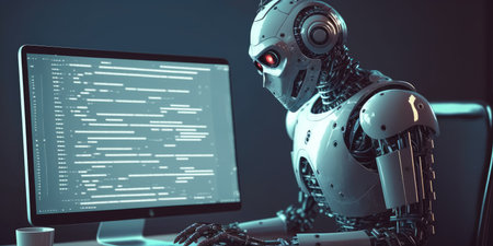 Artificial intelligence robot using computer software for gpt binary coding. distinct generative AI image.の素材