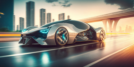Futuristic electric car, super car driving on city highway road with motion blur. distinct generative AI image.の素材