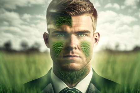 Double exposure portrait of ambitious businessman with wondrous greenery and natural green forest landscape in background as concept of sustainability and natural ecology conservation by Generative AIの素材