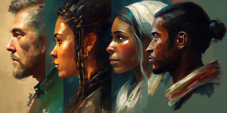 Face portrait of diverse people together looking straight. Multiracial concept. distinct generative AI image.の素材