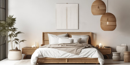 Home bedroom interior decorated with natural material. distinct generative AI image.の素材