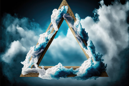 Frame made with covered white cloud in the sky in triangle shape. Concept of luxurious fantasy window. Finest generative AI.の素材